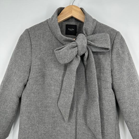 Smythe Bow Collar Coat Wool Blend Long Jacket, Gray - Picture 2 of 10